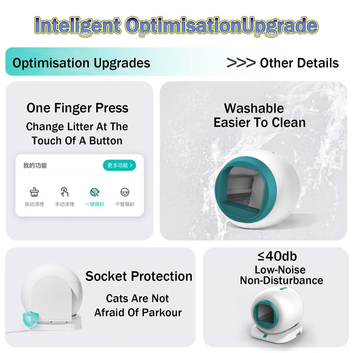 RayGenius Bac à LitièRe pour Chat, Bac à LitièRe Autonettoyant pour Chat avec ArrêT des Odeurs à La Source/ContrôLe par Application/DéTection De Plusieurs Chats, Capacité Maximale De 65 L,Green