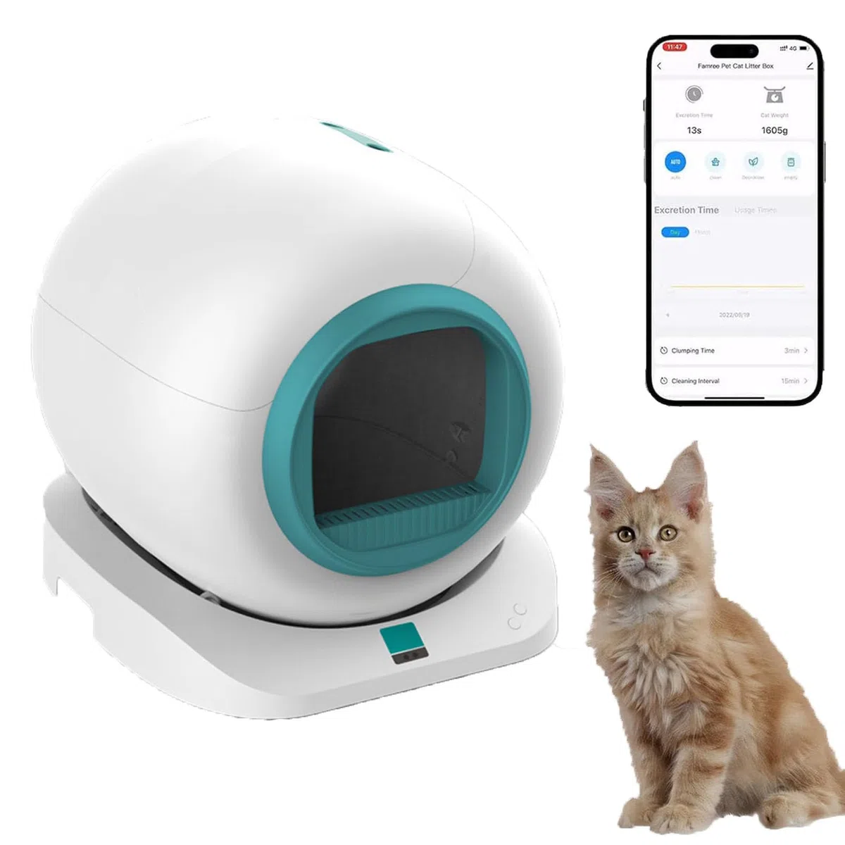 RayGenius Bac à LitièRe pour Chat, Bac à LitièRe Autonettoyant pour Chat avec ArrêT des Odeurs à La Source/ContrôLe par Application/DéTection De Plusieurs Chats, Capacité Maximale De 65 L,Green