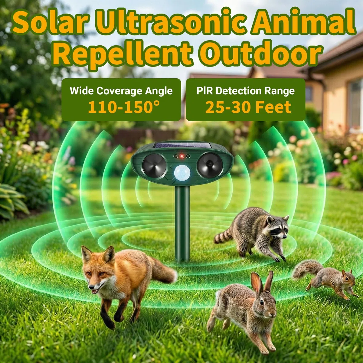 Lot de 4 répulsifs solaires à ultrasons pour animaux avec détection de mouvement pour chien, écureuil, raton laveur, chat, 6341225