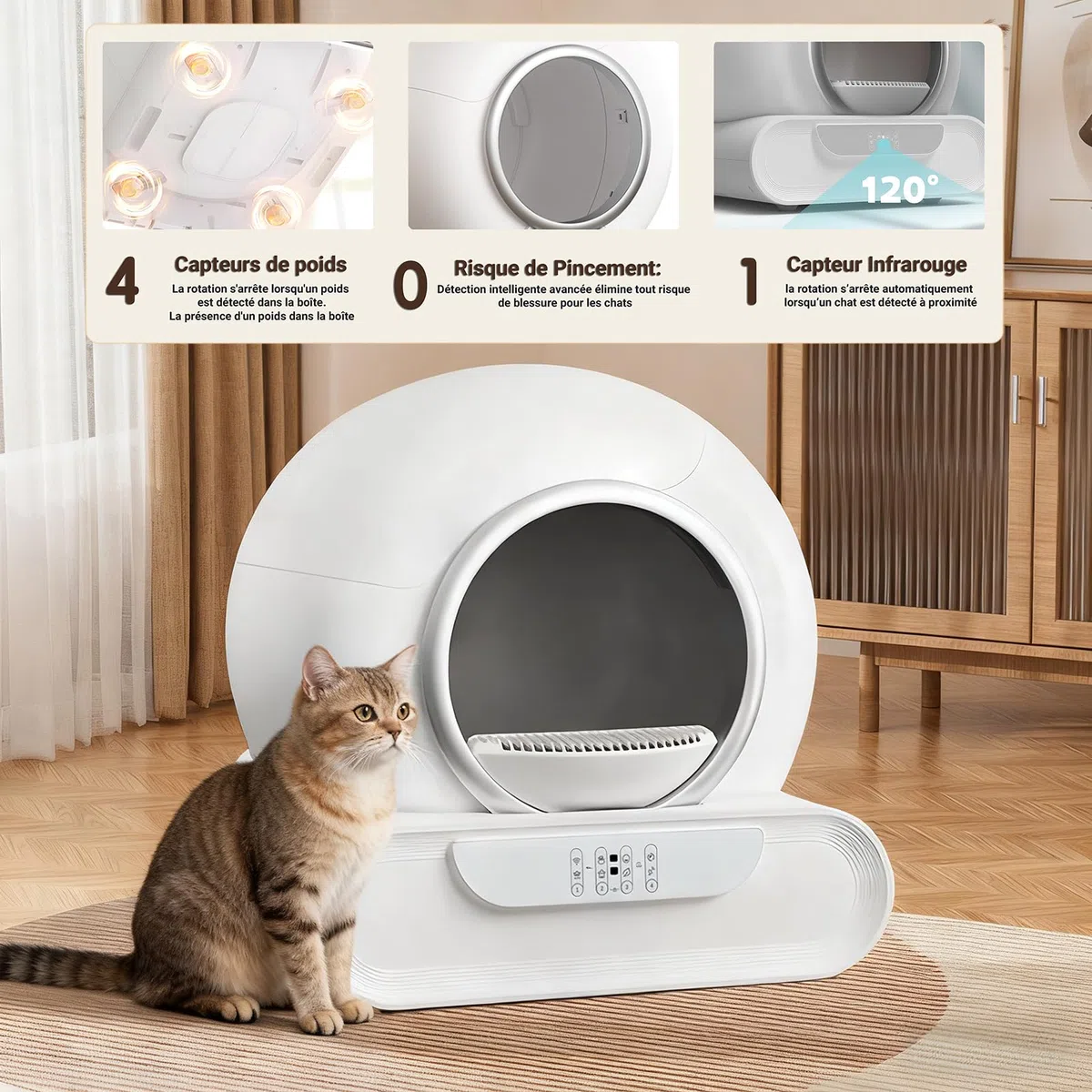 Litière Automatique, 65L+9L Litiere Electrique pour Chat avec 5 Rouleaux Sacs Poubelles, éLimination des Odeurs, ContrôLe App pour Plusieurs Chats(A)