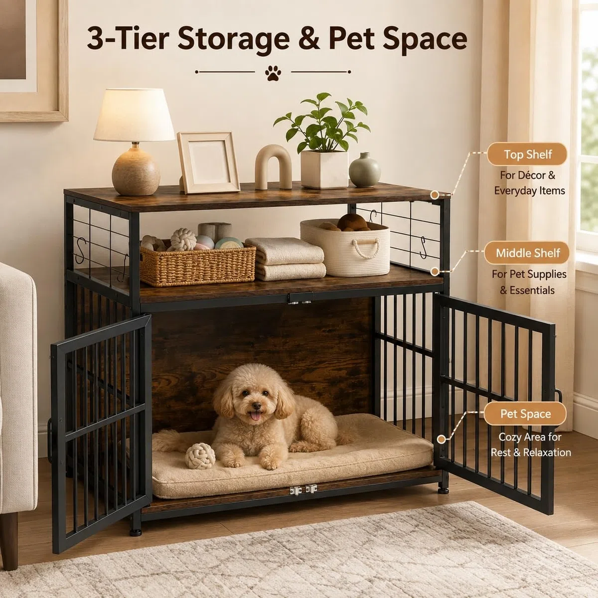EGGREE Cage pour Chien, Espace Intérieur 94 cm, Double Porte, 2 Étagères