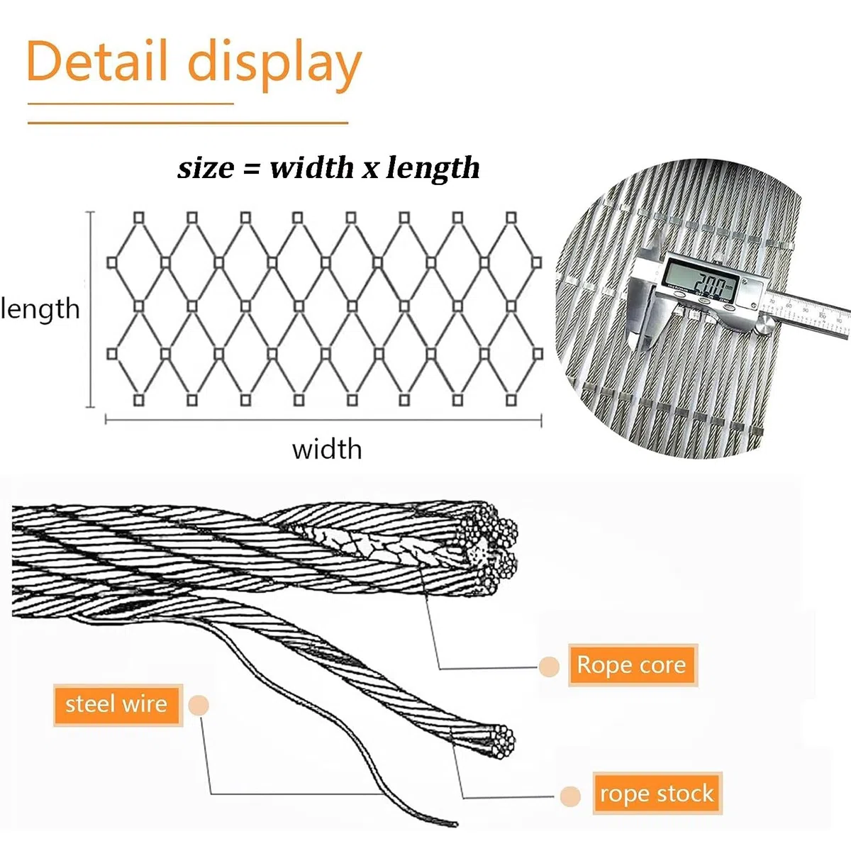 Filet de sécurité flexible en acier 304 pour balcon - 1,2 x 10 m