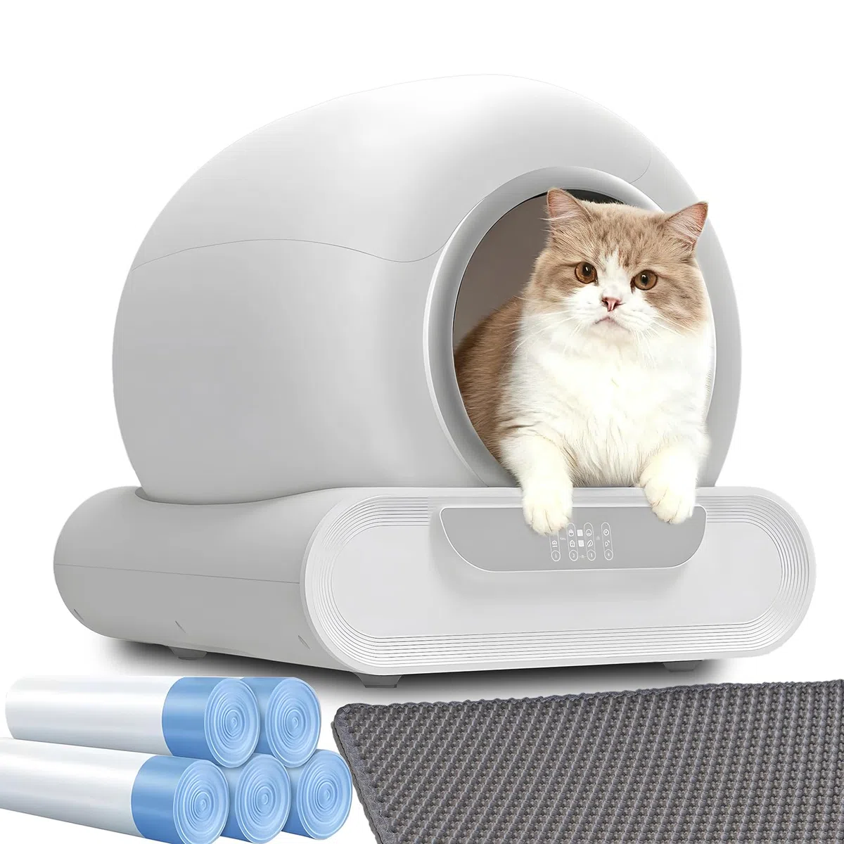 Litière Automatique, 65L+9L Litiere Electrique pour Chat avec 5 Rouleaux Sacs Poubelles, éLimination des Odeurs, ContrôLe App pour Plusieurs Chats(A)