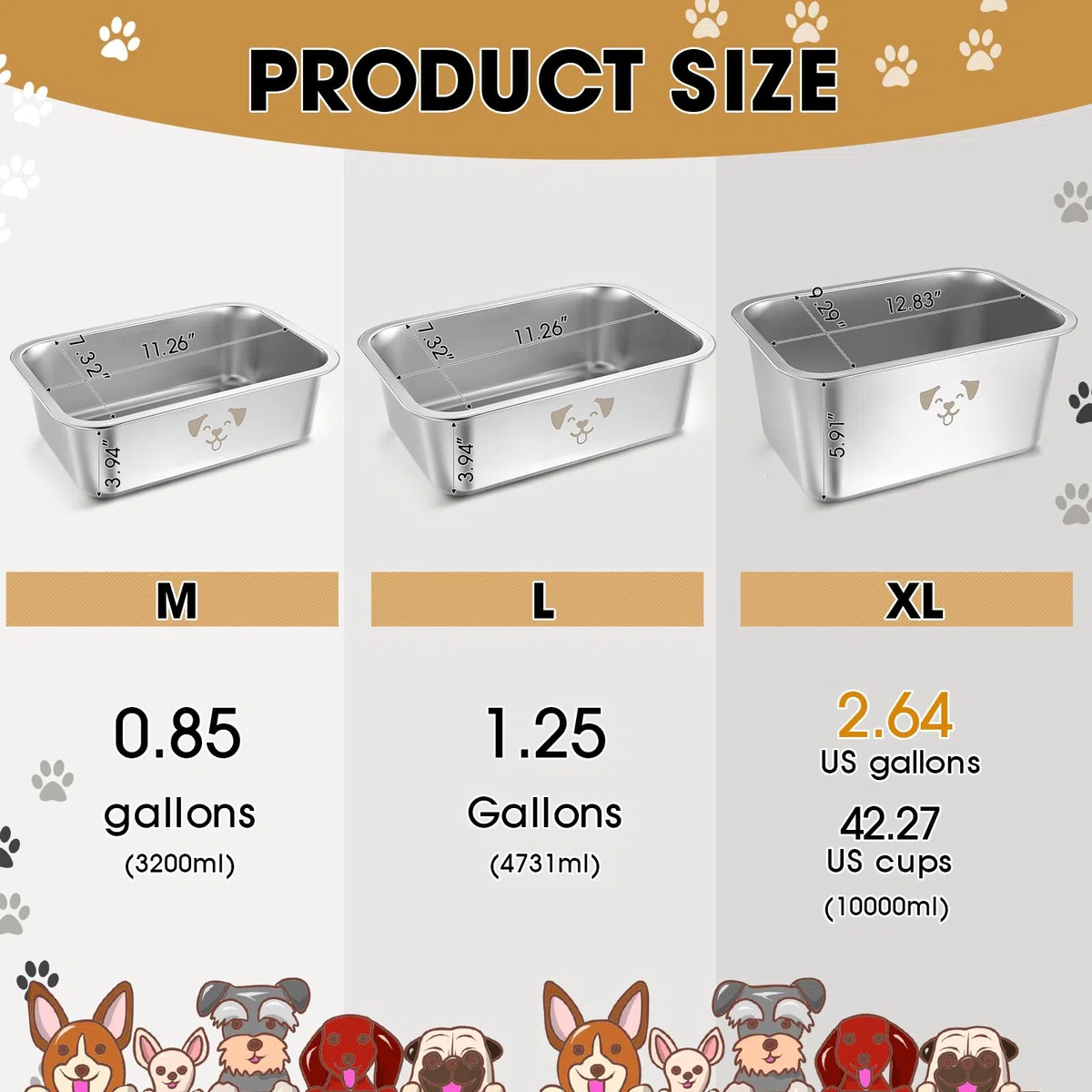 Sweetude Lot de 4 grandes gamelles à eau pour chiens de grande taille en acier inoxydable - Gamelles en métal résistant à la rouille - Grande capacité pour animaux de compagnie (9 l)