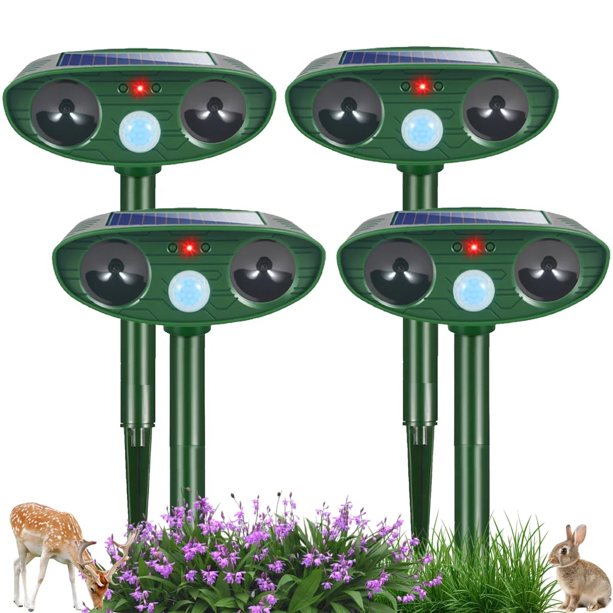 Lot de 4 répulsifs solaires à ultrasons pour animaux avec détection de mouvement pour chien, écureuil, raton laveur, chat, 6341225