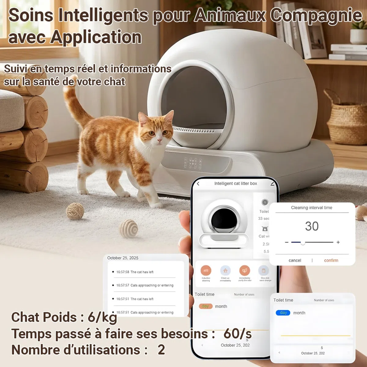 Litière Automatique, 65L+9L Litiere Electrique pour Chat avec 5 Rouleaux Sacs Poubelles, éLimination des Odeurs, ContrôLe App pour Plusieurs Chats(A)