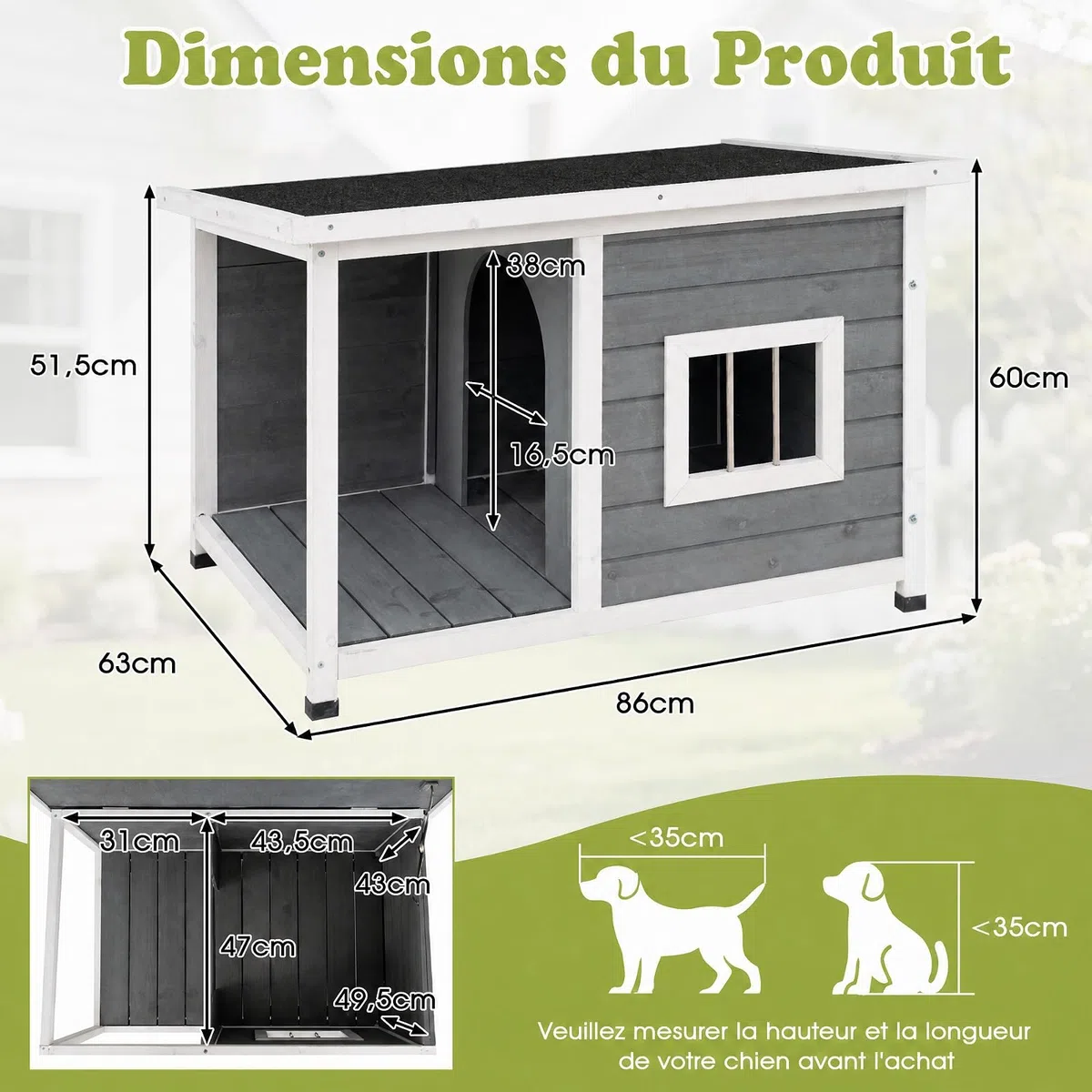 COSTWAY Niche pour Chien Extérieur Surélevée en Bois de Sapin, 86x63x60 cm