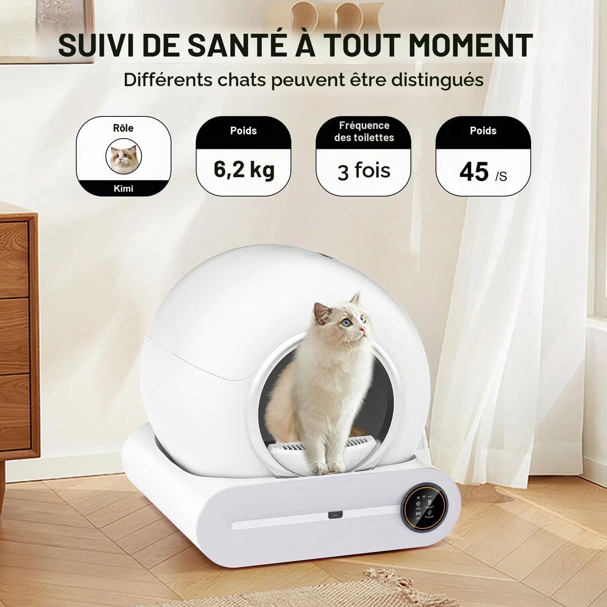 Gerbala Litiere Chat Autonettoyante, 65L Bac à Litière Autonettoyante Anti-Odeur/Contrôle APP/Alerte Intelligente/Moniteur de Santé Litière Autonettoyante Grande Capacité pour Plusieurs Chats