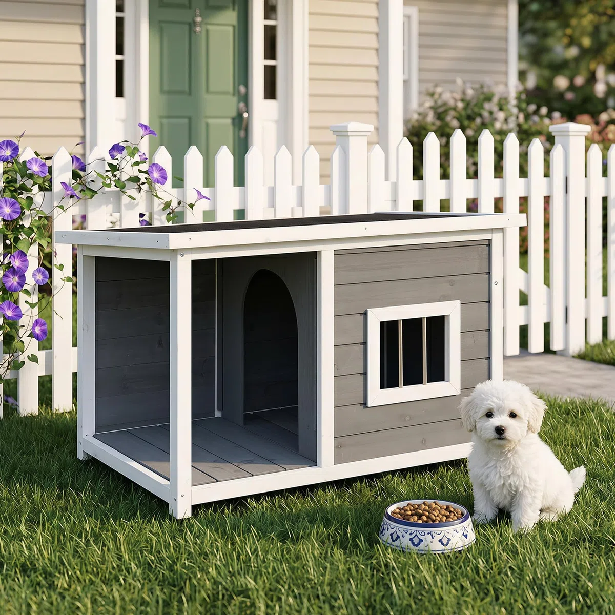 COSTWAY Niche pour Chien Extérieur Surélevée en Bois de Sapin, 86x63x60 cm