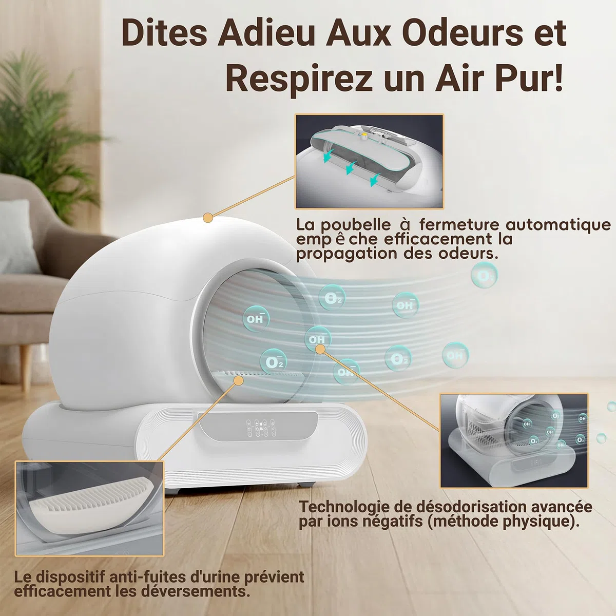 Litière Automatique, 65L+9L Litiere Electrique pour Chat avec 5 Rouleaux Sacs Poubelles, éLimination des Odeurs, ContrôLe App pour Plusieurs Chats(A)