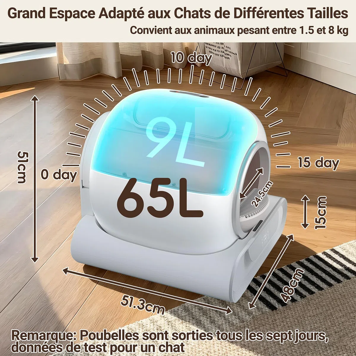Litière Automatique, 65L+9L Litiere Electrique pour Chat avec 5 Rouleaux Sacs Poubelles, éLimination des Odeurs, ContrôLe App pour Plusieurs Chats(A)