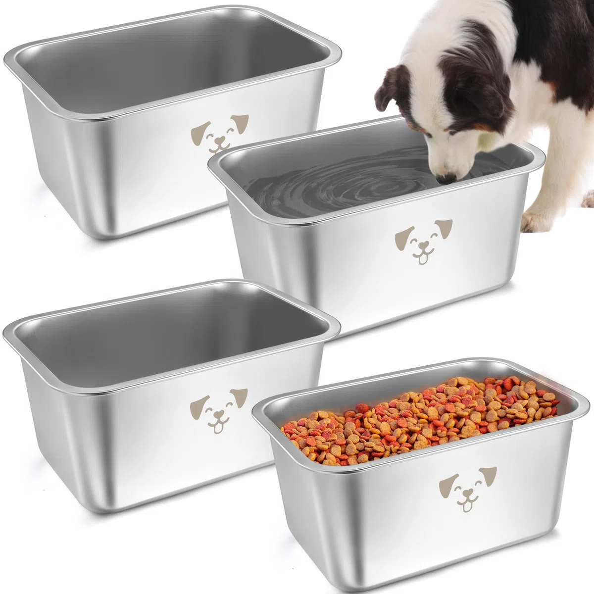 Sweetude Lot de 4 grandes gamelles à eau pour chiens de grande taille en acier inoxydable - Gamelles en métal résistant à la rouille - Grande capacité pour animaux de compagnie (9 l)
