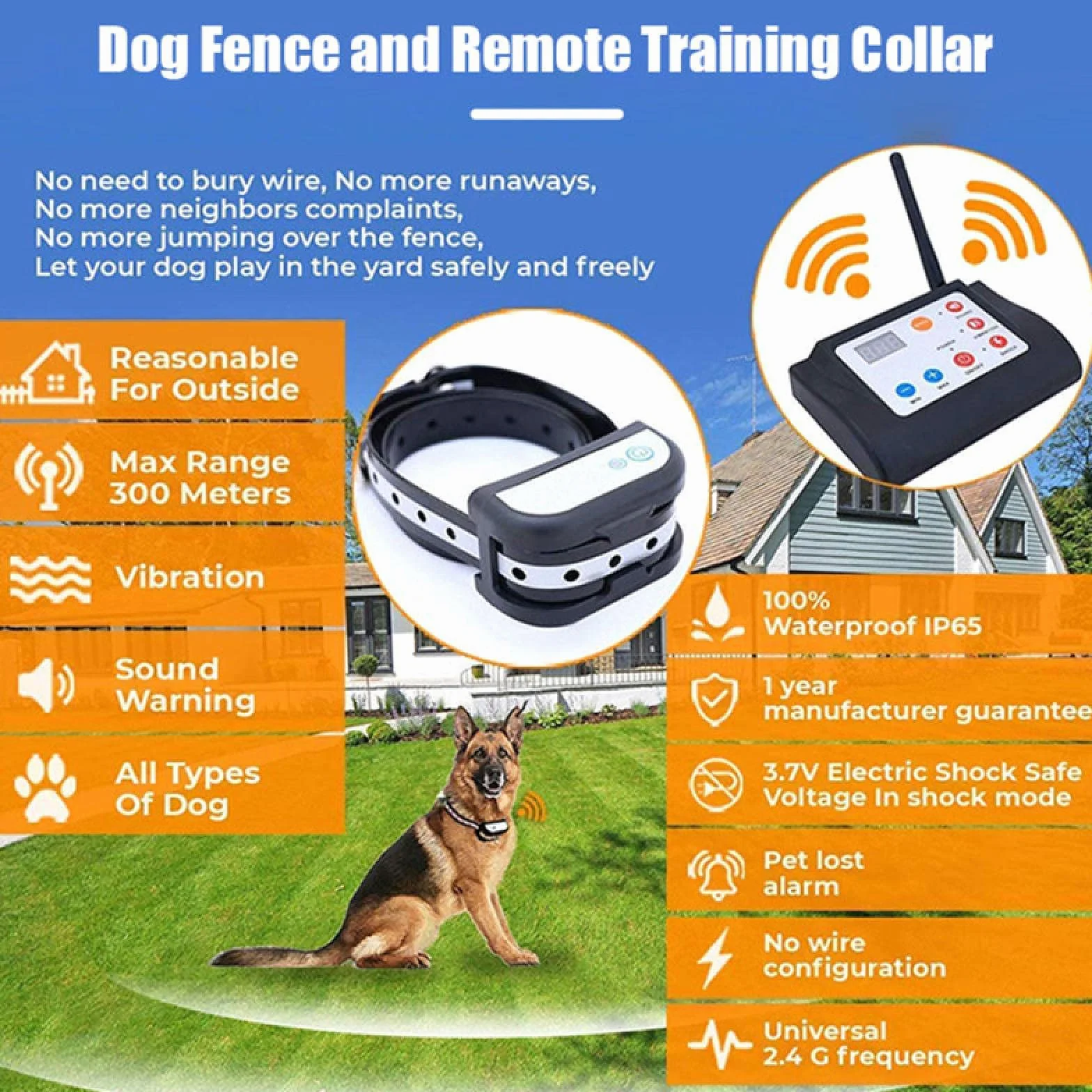 1pc clôture pour Chien sans Fil clôture électronique pour Animaux de Compagnie étanche avec Fonction de Son et de Choc 2 en 1 Collier d'entraînement de clôture pour Chien électrique