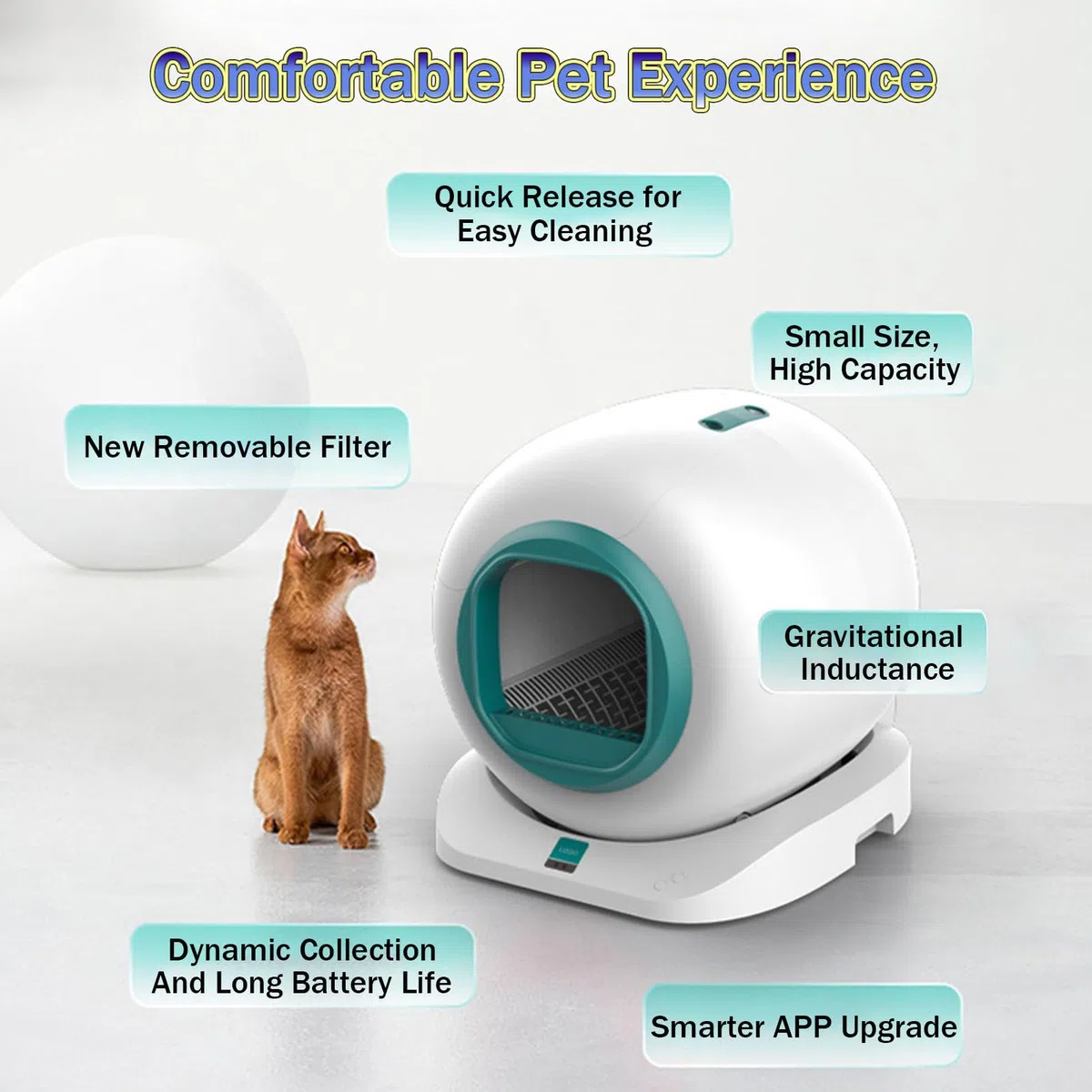 RayGenius Bac à LitièRe pour Chat, Bac à LitièRe Autonettoyant pour Chat avec ArrêT des Odeurs à La Source/ContrôLe par Application/DéTection De Plusieurs Chats, Capacité Maximale De 65 L,Green